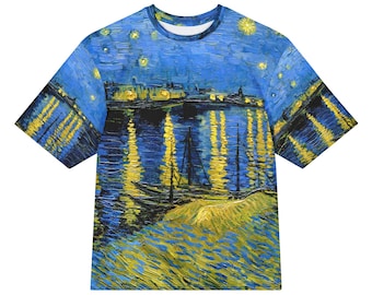 Vincent van Gogh Starry Night Over Rhone All-Over Print Heavyweight Loose Fit Cotton T-Shirt, Art History Painting Tee, Gift for Him