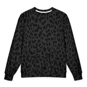 May include: A long-sleeve crewneck sweatshirt featuring an all-over dark charcoal and black leopard print pattern. The garment has a ribbed neckline, cuffs, and hem, with a consistent animal-inspired motif across the entire front surface.