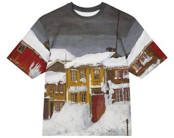Harald Sohlberg Street in Røros in Winter  All-Over Print Heavyweight Loose Fit Cotton T-Shirt, Art History Painting Tee, Gift for Him