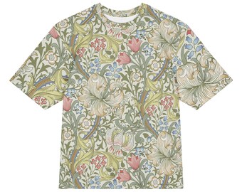 William Morris Golden Lily ivory All-Over Print Heavyweight Loose Fit Cotton T-Shirt, Art History Painting Tee, Gift for Him