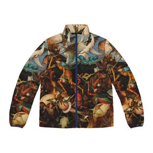 May include: A long-sleeve zip-up jacket featuring a detailed, colorful print of Hieronymus Bosch's The Fall of the Rebel Angels. The design displays numerous fantastical figures, winged beings, and chaotic scenes across the entire garment surface.