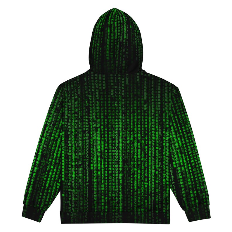 May include: Black hoodie with a green digital rain pattern, reminiscent of the Matrix movie. The hooded sweatshirt features a full-coverage design with a repeating code-like pattern. The long-sleeved top is made of a soft material.
