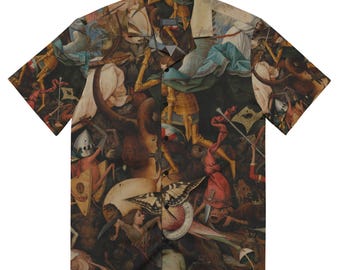 Camisa unisex con botones de Pieter Bruegel, La caída de los ángeles rebeldes, camisa hawaiana unisex para adultos, corte relajado, con botones, regalo para él.