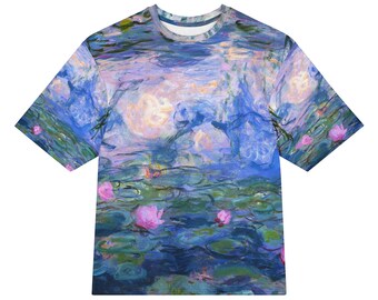 Claude Monet Waterlilies All-Over Print Heavyweight Loose Fit Cotton T-Shirt, Art History Painting Tee, Gift for Him