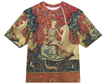 The Lady and The Unicorn All-Over Print Heavyweight Loose Fit Cotton T-Shirt, Art History Painting Tee, Gift for Him