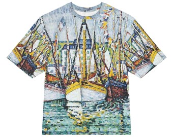 Paul Signac Blessing of the boats at Groix All-Over Print Heavyweight Loose Fit Cotton T-Shirt, Art History Painting Tee, Gift for Him