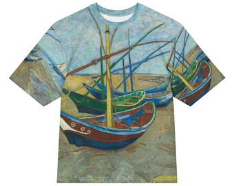 Van Gogh Fishing Boats on the Beach at Les Saintes-Maries-de-la-Mer  All-Over Print Heavyweight Loose Fit Cotton T-Shirt, Art History Tee