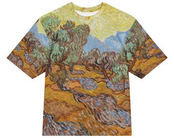 Vincent van Gogh Olive Trees with Yellow Sky and Sun All-Over Print Heavyweight Loose Fit Cotton T-Shirt, Art History Painting Tee
