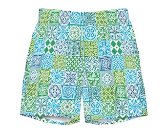 Keramikfliesen Muster Blau und Grün Recycled Badehose, Badeshorts, Badehose Männer, Geschenk für ihn, Bademode, Badeanzug für Männer Geschenk