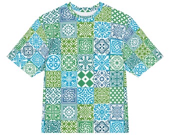 Blue and Green Moroccan Tiles All-Over Print Heavyweight Loose Fit Cotton T-Shirt, Art History Painting Tee, Gift for Him