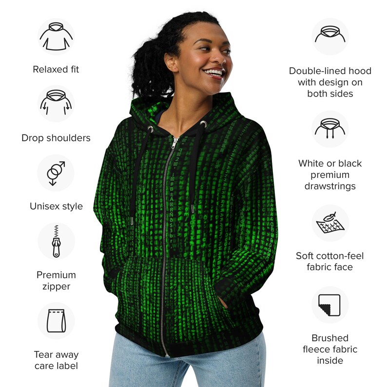 May include: A black zip-up hoodie with a green digital rain pattern. The hoodie features a double-lined hood, drop shoulders, and a soft cotton-feel fabric face. It has a unisex style, a premium zipper, and a brushed fleece fabric inside.