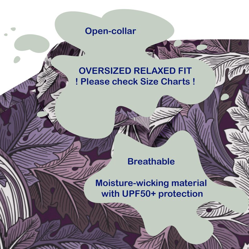 Op de afbeelding: Een overhemd met een open kraag en een oversized relaxte pasvorm met een donkerpaars en lichtpaars bladpatroon. De tekst luidt: Open-collar, OVERSIZED RELAXED FIT ! Please check Size Charts !, Breathable, Moisture-wicking material with UPF50+ protection.