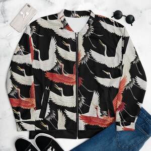 Japanese Cranes on Black Unisex Bomber Jacket, Aesthetic Gifts, Aesthetic Gifts for Women, Aesthetic Gifts for Men, Jacket Vintage, Jackets