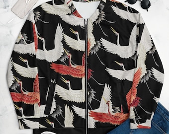 Japanse kraanvogels op zwart uniseks bomberjack, esthetische geschenken, esthetische cadeaus voor vrouwen, esthetische cadeaus voor mannen, vintage jasje, jassen