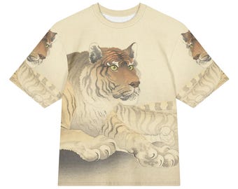 Vintage Tiger All-Over Print Heavyweight Loose Fit Cotton T-Shirt, Art History Painting Tee, Gift for Him