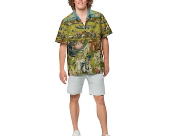 Camisa unisex con botones de Hieronymus Bosch El Jardín, camisa hawaiana unisex para adultos de corte relajado con botones, regalo para él, regalo para papá