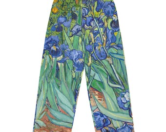 Spodnie unisex z szerokimi nogawkami i nadrukiem „Irises Van Gogh”, prezent dla niego, prezent dla niej, prezenty, prezenty estetyczne, prezenty