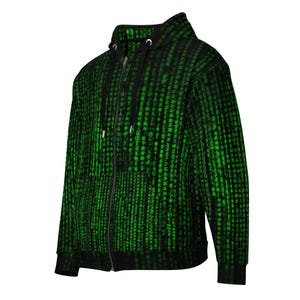 May include: A black zip-up hoodie with a green digital rain pattern. The hoodie has a drawstring hood, a full-length zipper, and black trim on the cuffs and hem. The design is reminiscent of the Matrix movie.