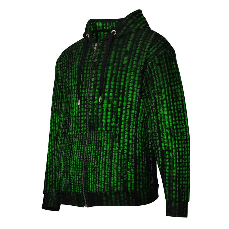 May include: A black zip-up hoodie with a green digital rain pattern. The hoodie has a drawstring hood, a full-length zipper, and black trim on the cuffs and hem. The design is reminiscent of the Matrix movie.