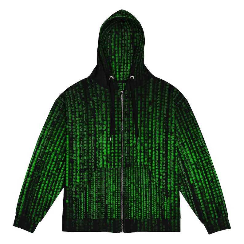 May include: Black zip-up hoodie with a green digital rain pattern. The hoodie features a hood and a full-length zipper. The design covers the entire garment, creating a unique and eye-catching look. The hoodie is a comfortable and stylish piece of apparel.