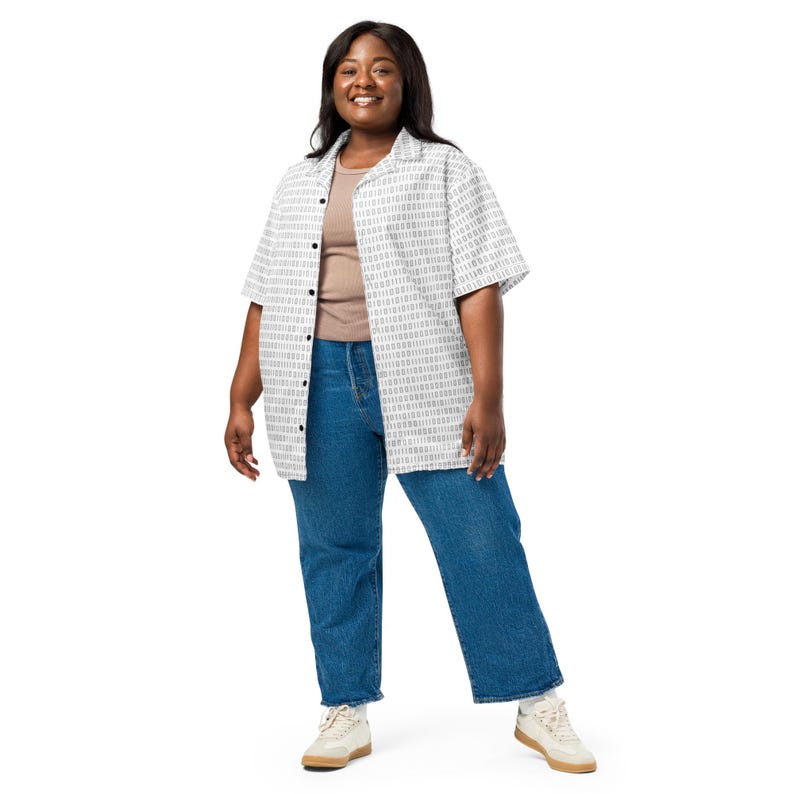 Binaire codepatroon Uniseks button-shirt, volwassen uniseks all-over ontspannen pasvorm button-up Hawaiiaans shirt, cadeau voor hem, cadeau voor papa afbeelding 10