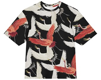 Vintage Japanese Cranes All-Over Print Heavyweight Loose Fit Cotton T-Shirt, Art History Painting Tee, Gift for Him