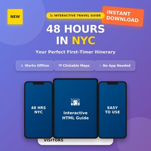 以下が含まれることがあります： 「48 HOURS IN NYC」と書かれたニューヨークのデジタル旅行ガイド。インタラクティブなHTMLガイド、オフラインアクセス、クリック可能な地図を特徴としています。「NEW」ラベルと「INSTANT DOWNLOAD」バナーがあり、使いやすさに焦点を当てています。