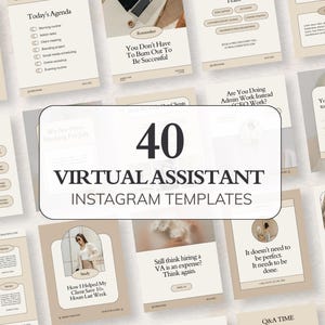 May include: A collection of 40 beige and white Instagram templates for virtual assistants, featuring arched frames, serif typography, and placeholder text. The central graphic displays the text 40 VIRTUAL ASSISTANT INSTAGRAM TEMPLATES.