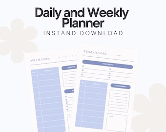 May include: A digital download featuring two planner pages. The top text reads "Daily and Weekly Planner" and "Instant Download". The pages include sections for daily and weekly planning, with a light blue and white color scheme.