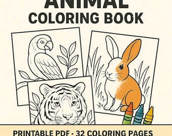 Kawaii Animal Coloring Book Kids Printable PDF | 32 Easy Pages Instant Download Cute Animals Preschool
