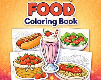 Food Coloring Book Printable PDF – Bold Easy Simple Pages, Relaxing Cozy Coloring, Thick Lines, Instant Download, 35 Pages