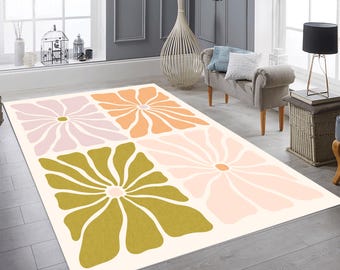 Tapis à fleurs rétro des années 70 : tapis bohème minimaliste