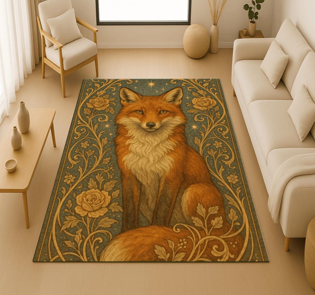 Texture Fox Hunt Rug Celestial Fox Rug: Vintage Floral Animal Carpet - Etsy