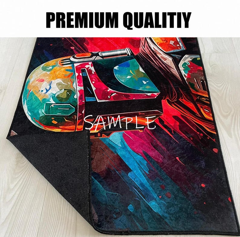 May include: A rectangular rug with a colorful graphic design featuring a helmet and the word "SAMPLE". The rug has a black backing and the text "PREMIUM QUALITIY" at the top.
