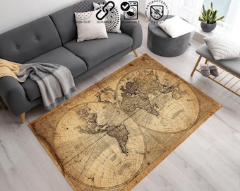 May include: A rectangular area rug with a vintage world map design. The rug features a detailed depiction of continents and oceans in shades of brown and beige. The text "A Map of the World" is visible.