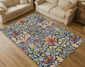 William Morris Dark Floral Area Rug: Vintage Botanical Accent