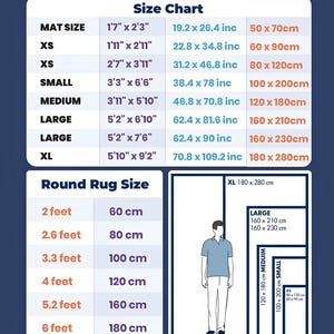 May include: Size chart for rugs, showing mat sizes in feet and inches, and centimeters. Includes sizes from XS to XL, with dimensions like 1'7" x 2'3" (50 x 70cm) to 5'10" x 9'2" (180 x 280cm). Also shows round rug sizes.