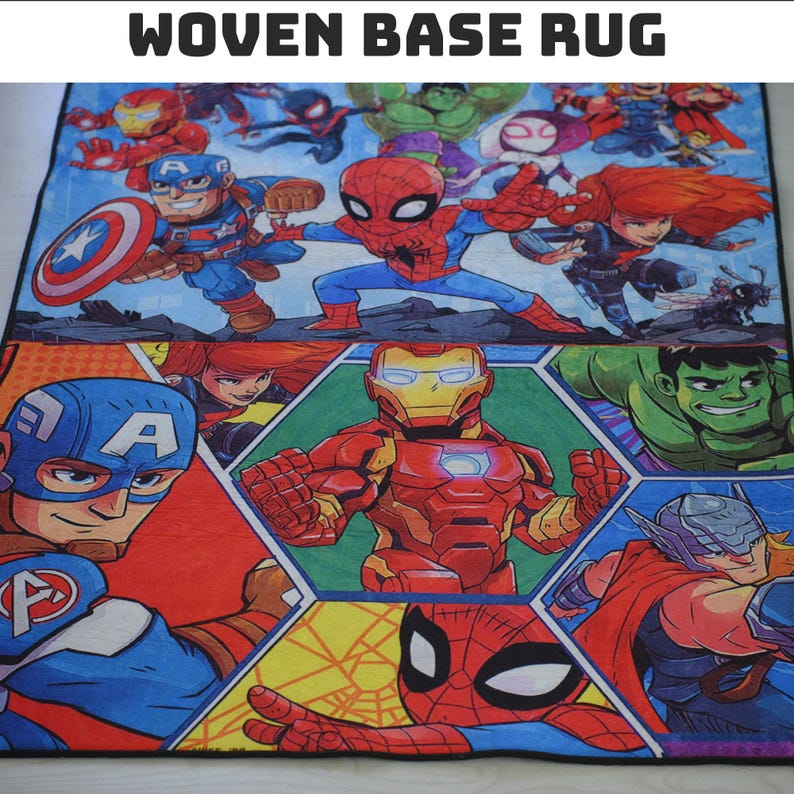 May include: A woven base rug featuring a colorful illustration of various Marvel superheroes, including Spider-Man, Captain America, and Iron Man. The rug has a rectangular shape and the text "WOVEN BASE RUG" is at the top.