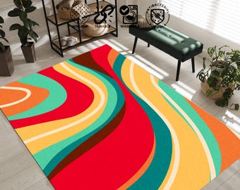 Retro Wavy Area Rug – Colorful 70s Abstract Design