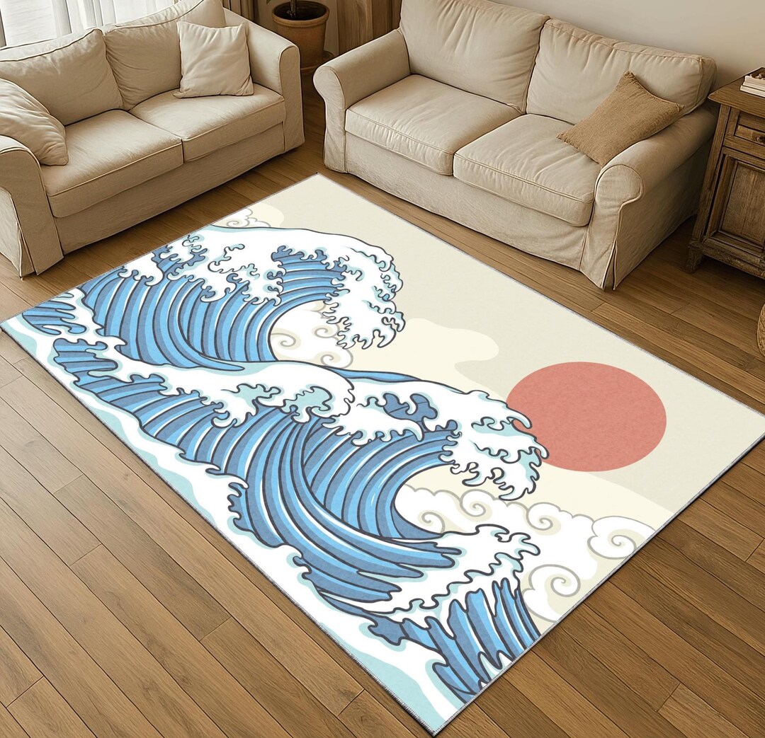 Japanese Pattern Rug Background Japanese Wave Rug: Hokusai Ocean Art Style Carpet - Etsy