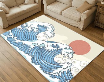 Japanese Wave Rug: Hokusai Ocean Art Style Carpet
