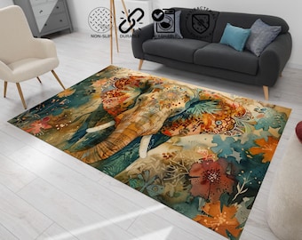 Colorful Elephant Rug: Abstract African Design, Non-Slip
