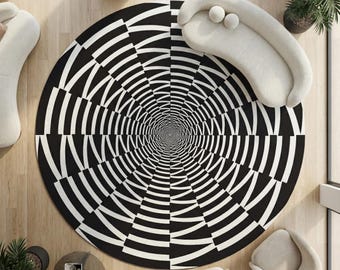 Optical Illusion Round Rug: Black and White Zig Zag Design