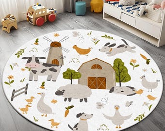 Farm Animals Nursery Rug: Round Kids Playroom Mat