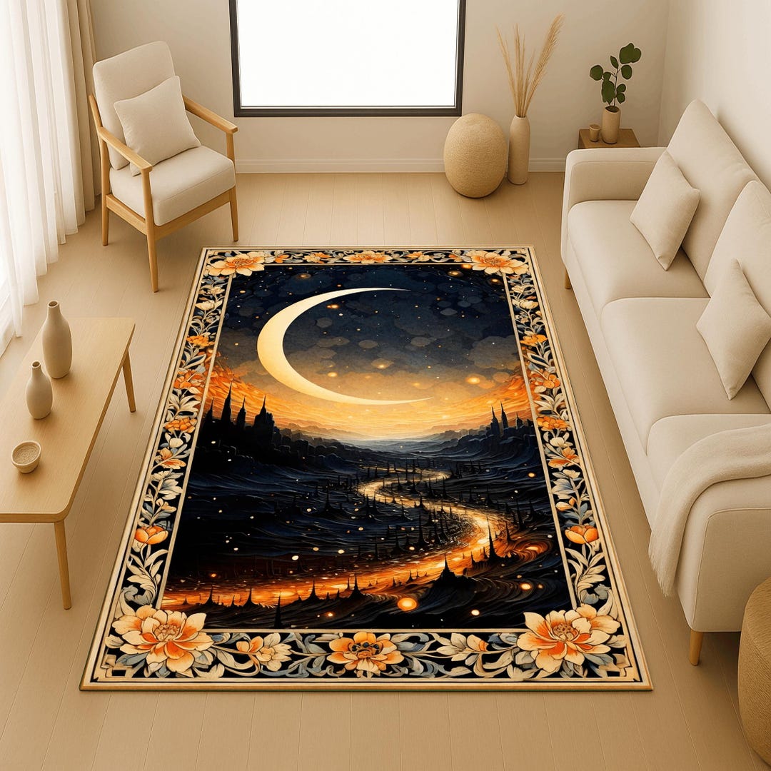 Celestial Rug: Golden Crescent Moon Rug, Floral Art Nouveau Carpet - Etsy