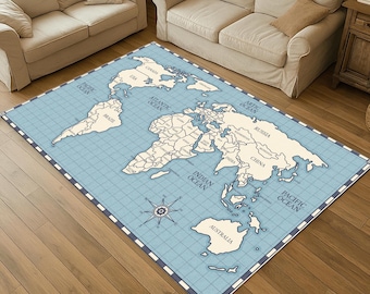 May include: A rectangular area rug featuring a world map design. The rug has a light blue background with a grid pattern. The continents are depicted in a cream color, with country names labeled. A compass rose is in the lower center.
