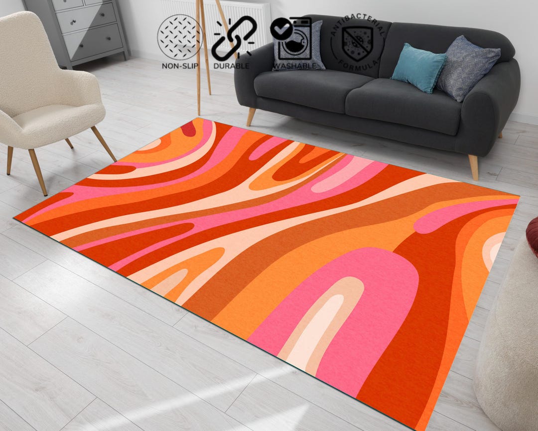 70s Groovy Area Rug: Retro Wavy Swirl, Orange Pink Abstract - Etsy