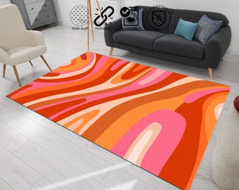 70s Groovy Area Rug: Retro Wavy Swirl, Orange Pink Abstract