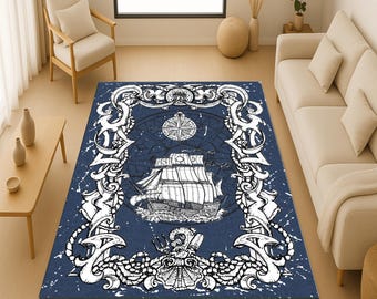 Tappeto nautico blu navy: veliero d'epoca e bussola, arredamento marittimo