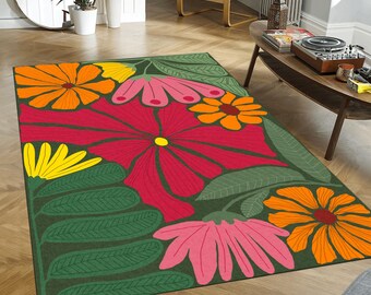 Tapis à fleurs rétro des années 70 : tapis coloré à motif de marguerites